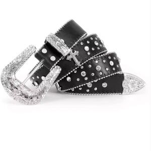 Cross leather rhinestone belt
